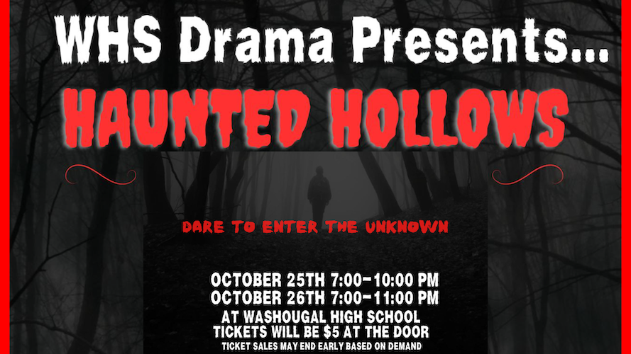 WHS Drama Presents Haunted Hollows Oct 26-27 with silhouette of a person walking into a dark forest