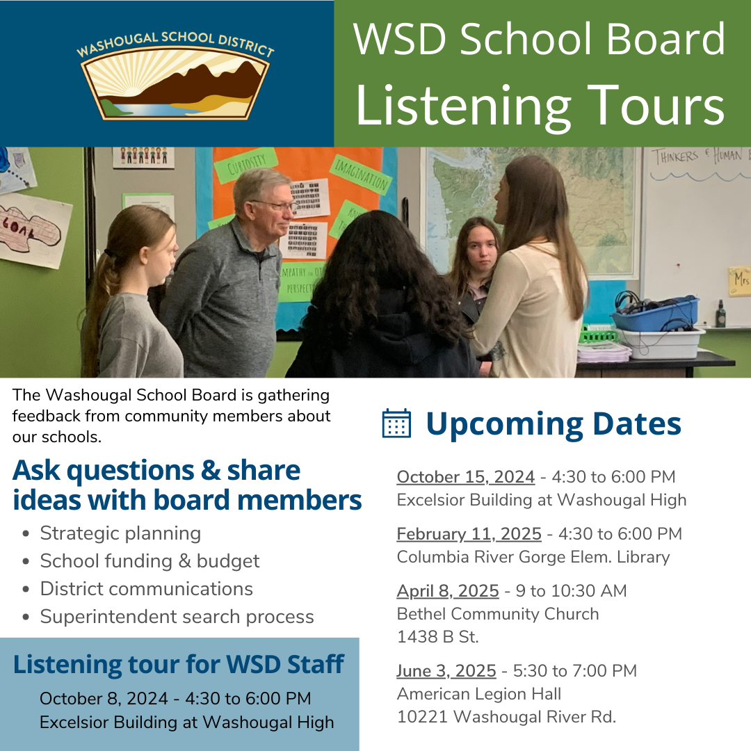 Image of students and staff talking to a board member, with list of upcoming dates