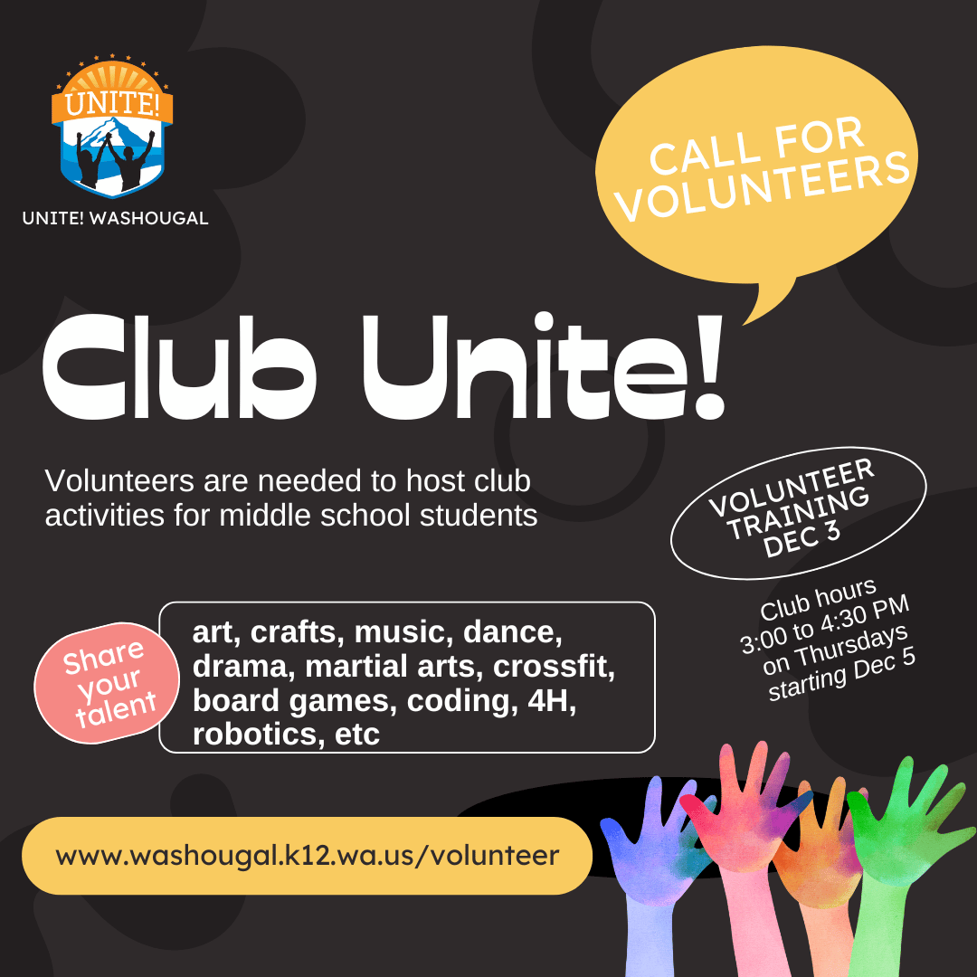 Volunteers are needed to host club activities for middle school students with unite logo