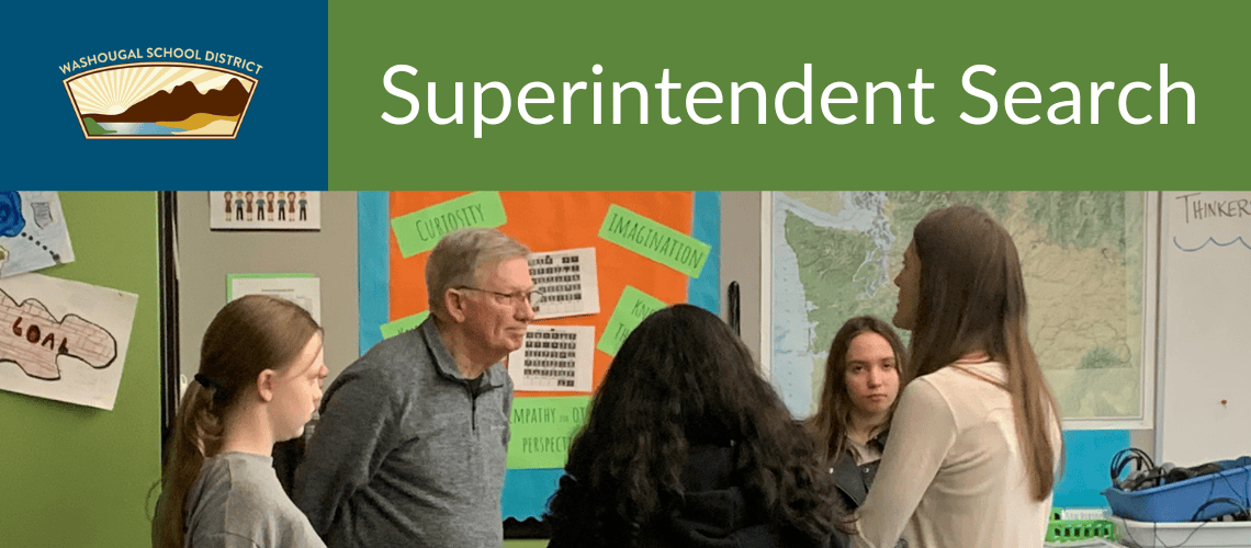 Superintendent search with photo of board member listening to staff and students